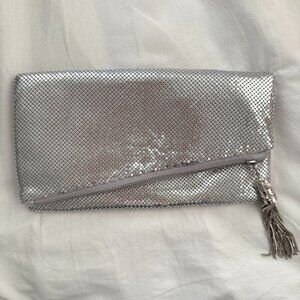 Silver mesh chain beaded retro fold over evening clutch tassel party purse bag
